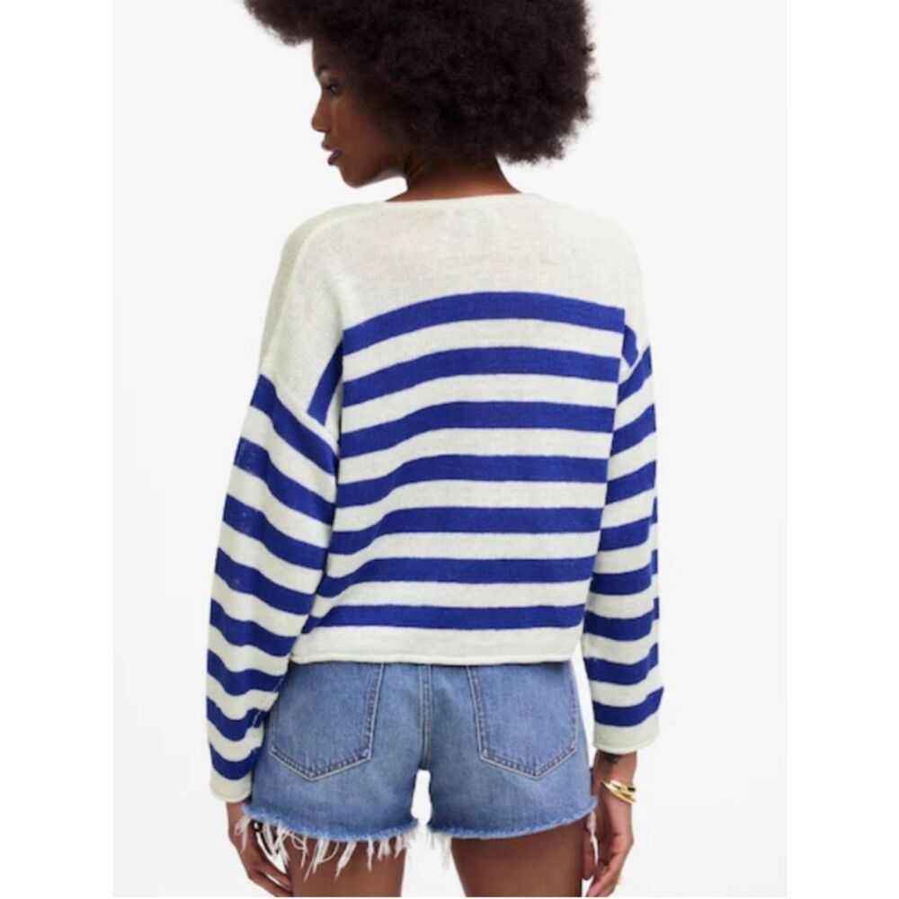 Madewell Blue and White Striped V-Neck Linen Sweater rolled hemlines size Small - Picture 2 of 13